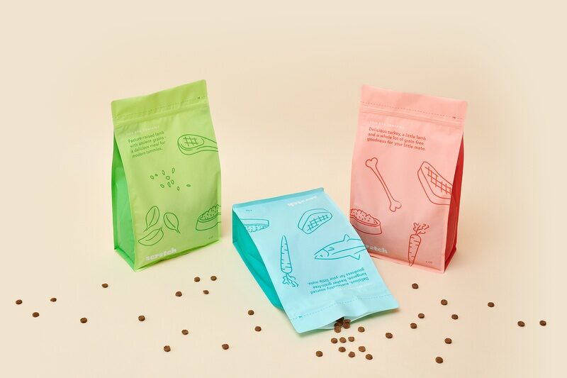 Scratch’s signature dog food packaging, reflecting the brand’s simple, design-led approach to premium pet nutrition.